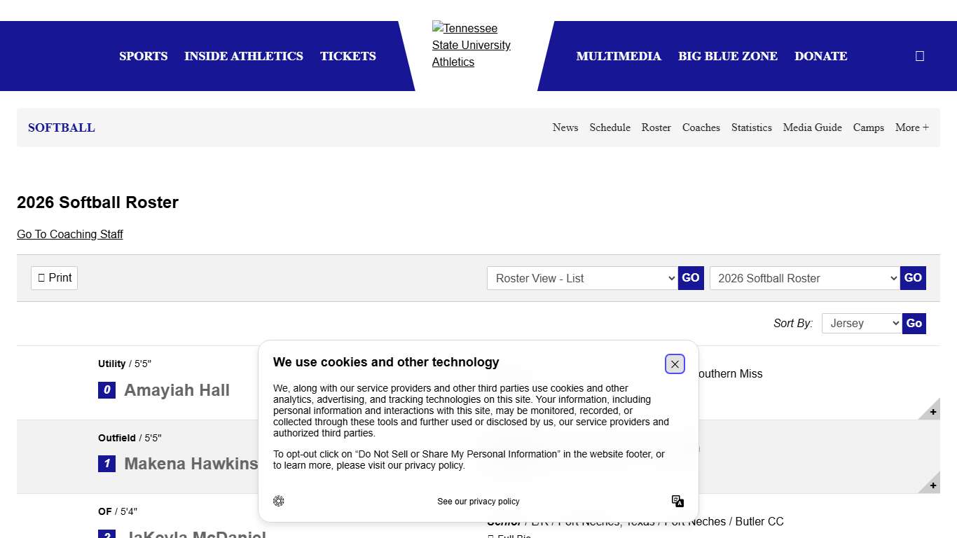 2026 Softball Roster - Tennessee State University