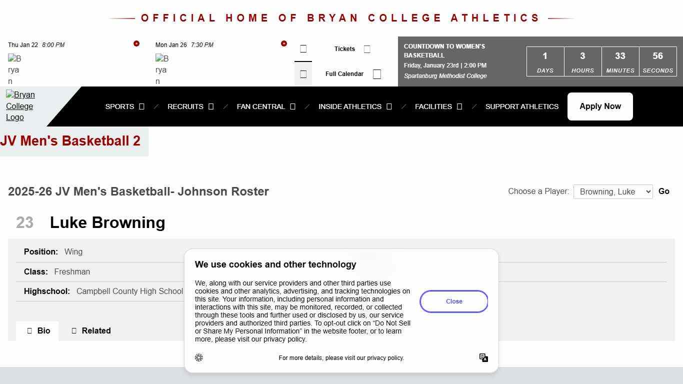 Luke Browning - 2025-26 - JV Men's Basketball 2 - Bryan College